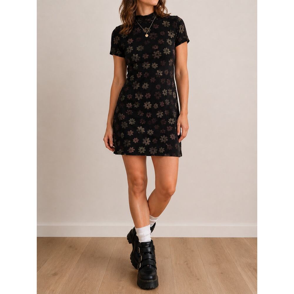 Vintage 90s Jalate Retro Mini Dress Black Mock Neck Soft Grunge Goth-Medium